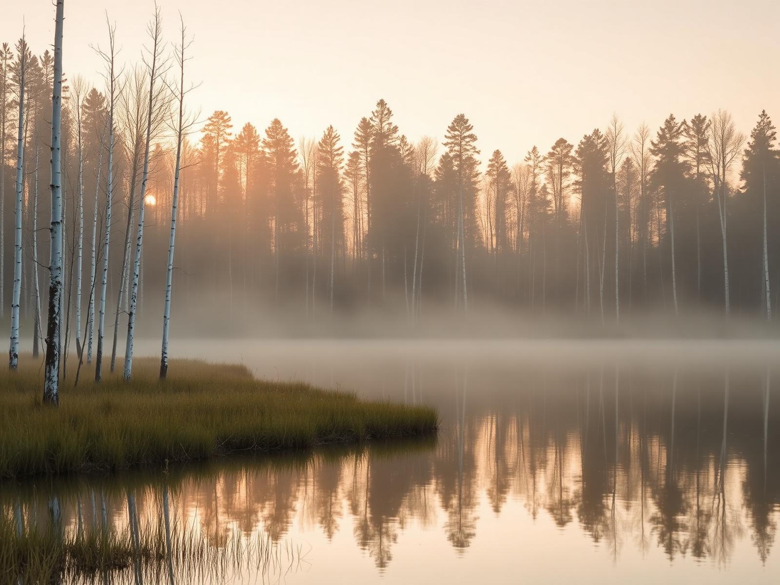 Sumuinen suomalainen järvi auringonnousussa